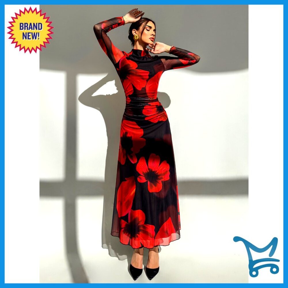 Floral Maxi Dress Elegant Long Sleeve Ruched A-Line Wedding Guest Holiday - Picture 7 of 7